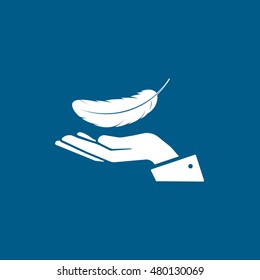 Feather On Hand Flat Icon On Blue Background