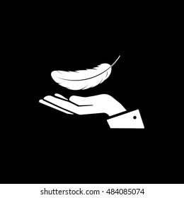 Feather On Hand Flat Icon On Black Background