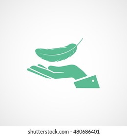 Feather On Hand Green Flat Icon On White Background