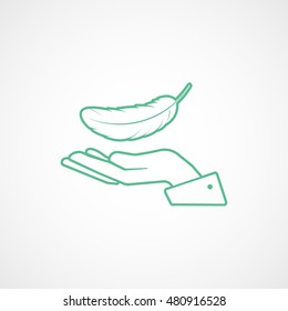 Feather On Hand  Green Line Icon On White Background