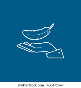 Feather On Hand Line Icon On Blue Background