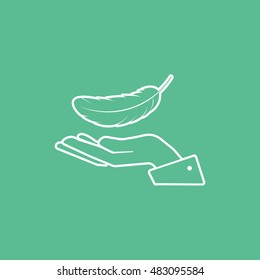 Feather On Hand Line Icon On Green Background