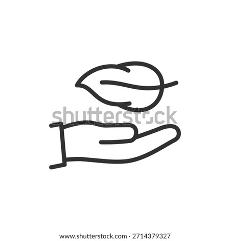 Feather on hand, linear icon. Softness and gentle touch sensation. Line with editable stroke.