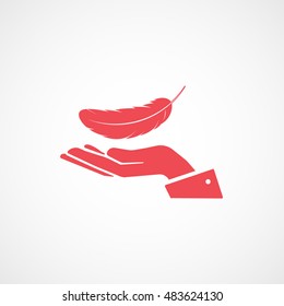 Feather On Hand Red Flat Icon On White Background