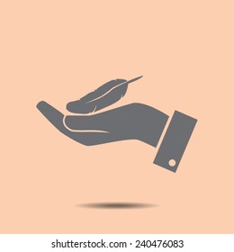 Feather on the hand vector icon 