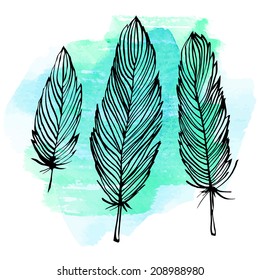 Feather on watercolor stain background