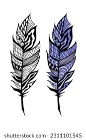 Feather on a white background, vintage tribal feathers