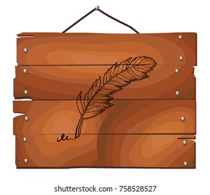 Feather on wooden plank background. Hand drawn decorative feather. Sketched feather. Vector Illustration