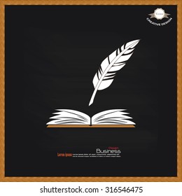 feather with open book on chalkboard.vector illustration