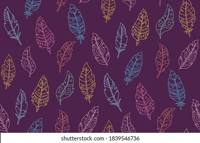 Feather outline boho seamless pattern. Cartoon dark background. Hand drawn tattoo design. Ethnic bohemian style, hipster, indian symbols. Vector illustration