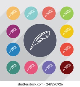 feather outline circle, flat icons set. Round colorful buttons 