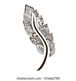 feather paisley mehndi style vector ethnic doodle illustration stylized on white background. Vintage tribal feather