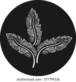 feather paisley mehndi style vector ethnic doodle illustration stylized on white background. Vintage tribal feather