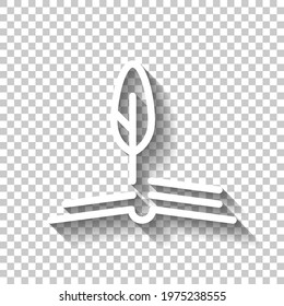 Feather and paper, literature book, published story. White linear icon with editable stroke and shadow on transparent background