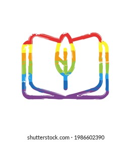 Feather and paper, literature book, published story. Drawing sign with LGBT style, seven colors of rainbow (red, orange, yellow, green, blue, indigo, violet