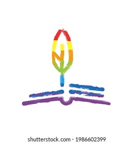 Feather and paper, literature book, published story. Drawing sign with LGBT style, seven colors of rainbow (red, orange, yellow, green, blue, indigo, violet