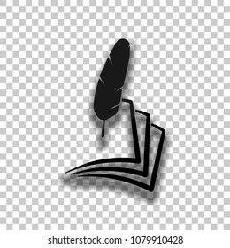 feather and paper. simple silhouette. Black glass icon with soft shadow on transparent background
