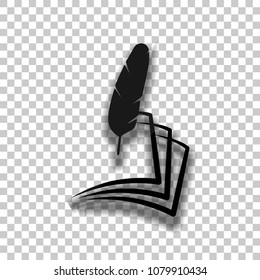 feather and paper. simple silhouette. Black glass icon with soft shadow on transparent background