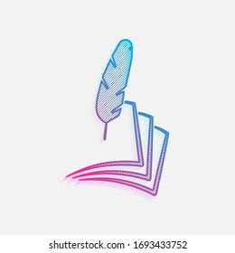 feather and paper. simple silhouette. Colored logo with diagonal lines and blue-red gradient. Neon graphic, light effect