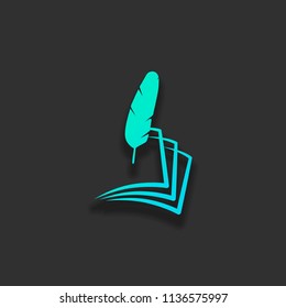 feather and paper. simple silhouette. Colorful logo concept with soft shadow on dark background. Icon color of azure ocean