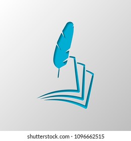 feather and paper. simple silhouette. Paper design. Cutted symbol with shadow