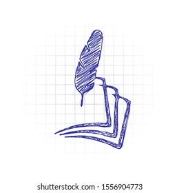 feather and paper. simple silhouette. Hand drawn sketched picture with scribble fill. Blue ink. Doodle on white background