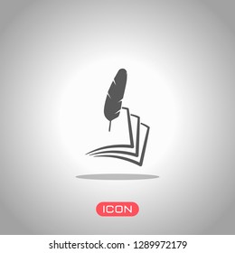 feather and paper. simple silhouette. Icon under spotlight. Gray background