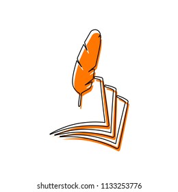 feather and paper. simple silhouette. Isolated icon consisting of black thin contour and orange moved filling on different layers. White background