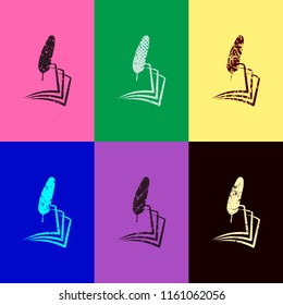 feather and paper. simple silhouette. Pop art style. Scratched icons on 6 colour backgrounds. Seamless pattern