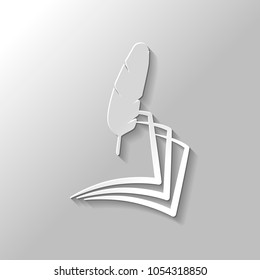 feather and paper. simple silhouette. Set of paper style icons with shadow on gray background