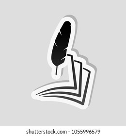 feather and paper. simple silhouette. Sticker style with white border and simple shadow on gray background
