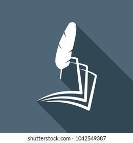 feather and paper. simple silhouette. White flat icon with long shadow on background
