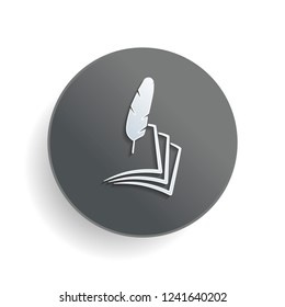 feather and paper. simple silhouette. White paper symbol on gray round button with shadow