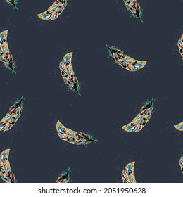 feather pattern in art style on dark stylish background, beautiful watercolor feathers with paint splashes