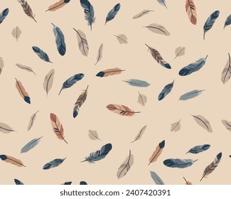 Feather pattern. Beautiful colored feathers, vector stylish pattern. For printing on pillows, textiles, packaging, seamless surfaces.