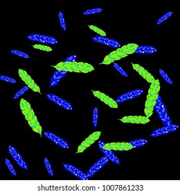 Feather Pattern, bright colorful background, cute and fun decoration. Black background. Vector illustration for celebration, party, carnival, festive holiday and Your project.