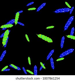 Feather Pattern, bright colorful background, cute and fun decoration. Black background. Vector illustration for celebration, party, carnival, festive holiday and Your project.