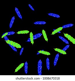 Feather Pattern, bright colorful background, cute and fun decoration. Black background. Vector illustration for celebration, party, carnival, festive holiday and Your project.