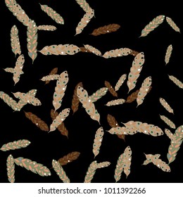 Feather Pattern, bright colorful background, cute and fun decoration. Black background. Vector illustration for celebration, party, carnival, festive holiday and Your project.