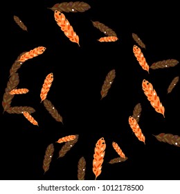 Feather Pattern, bright colorful background, cute and fun decoration. Black background. Vector illustration for celebration, party, carnival, festive holiday and Your project.