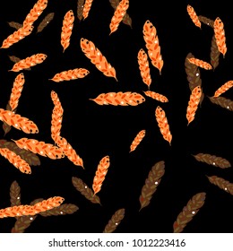 Feather Pattern, bright colorful background, cute and fun decoration. Black background. Vector illustration for celebration, party, carnival, festive holiday and Your project.