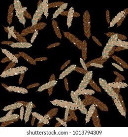 Feather Pattern, bright colorful background, cute and fun decoration. Black background. Vector illustration for celebration, party, carnival, festive holiday and Your project.