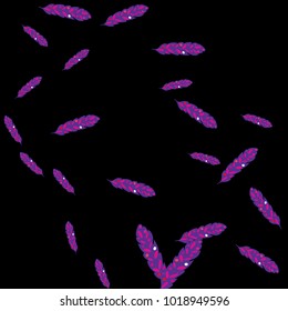 Feather Pattern, bright colorful background, cute and fun decoration. Black background. Vector illustration for celebration, party, carnival, festive holiday and Your project.