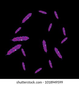 Feather Pattern, bright colorful background, cute and fun decoration. Black background. Vector illustration for celebration, party, carnival, festive holiday and Your project.