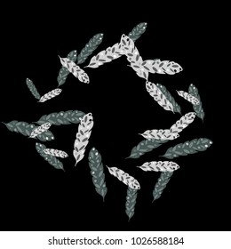 Feather Pattern, bright colorful background, cute and fun decoration. Black background. Vector illustration for celebration, party, carnival, festive holiday and Your project.