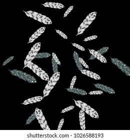 Feather Pattern, bright colorful background, cute and fun decoration. Black background. Vector illustration for celebration, party, carnival, festive holiday and Your project.
