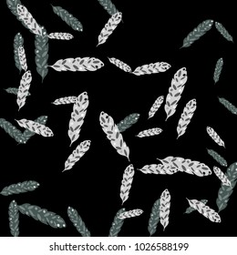 Feather Pattern, bright colorful background, cute and fun decoration. Black background. Vector illustration for celebration, party, carnival, festive holiday and Your project.