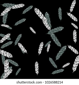 Feather Pattern, bright colorful background, cute and fun decoration. Black background. Vector illustration for celebration, party, carnival, festive holiday and Your project.