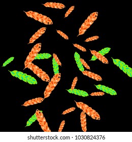 Feather Pattern, bright colorful background, cute and fun decoration. Black background. Vector illustration for celebration, party, carnival, festive holiday and Your project.