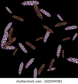 Feather Pattern, bright colorful background, cute and fun decoration. Black background. Vector illustration for celebration, party, carnival, festive holiday and Your project.